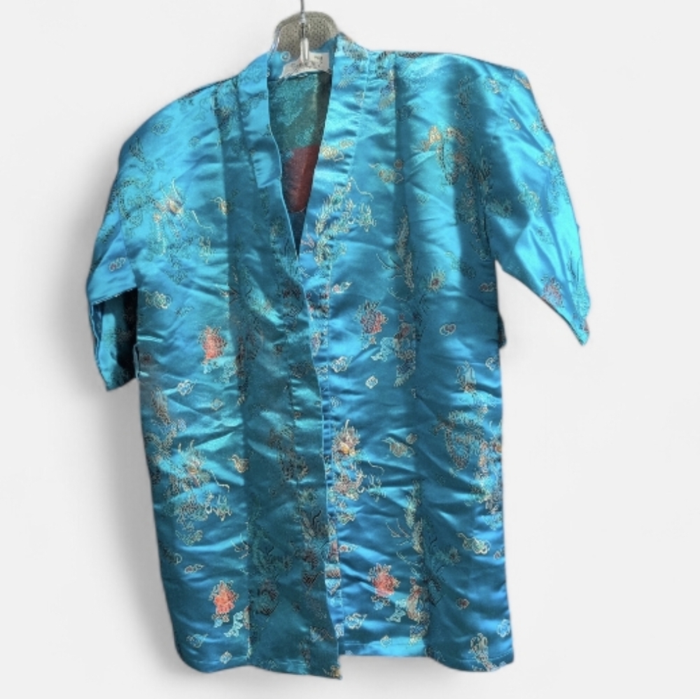Vintage Children’s Blue Silk Kimono Asian Robe Floral Embroidered Short Sleeve